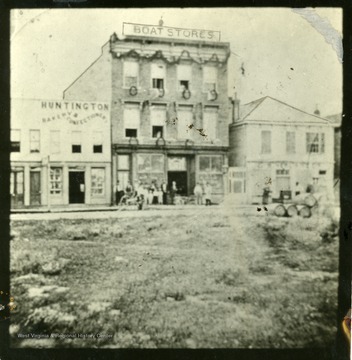 'Boat Stores emporium of J.W. Verlander. Located on Second Avenue between 7th and 8th Streets. Boat traffic on the Ohio River was very active at that time.'