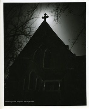 Night view of the steeple of the Trinity Episcopal Church in Huntington, West Virginia.