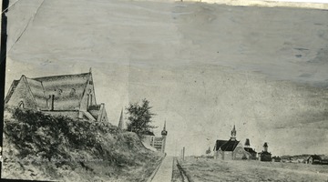 'In the early 1880's. Fifth Avenue looking west from just west of 11th Street. Trinity Episcopal Church at left. Next, spire of First Presbyterian Church chapel, then First Congregational Church, 5th Avenue Baptist Church, old city hall and city jail in the order named.'