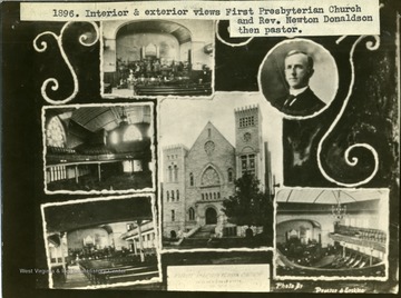 'Interior and exterior views of First Presbyterian Church and Rev. Newton Donaldson, then pastor.'