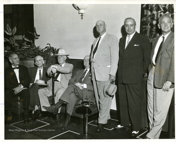 'Part of Parks and Playgrounds Committee. Organized 1921-reactiviated 07/01/1957. Left to right-Seated: John S. Walker, C. W. Thornburg, George S. Wallace, H.O. Dunfee. Standing: Lucian W. Blankenship, Coleman Staats, and Frank Wallace.'