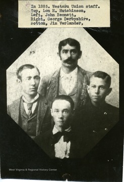 'In 1885. Western Union Staff. Top, Lon H. Hutchinson, Left, John Bennett, Right, George Derbyshire, and bottom, Jim Verlander.'