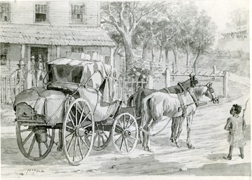 Sketch of a stagecoach in front of a house.