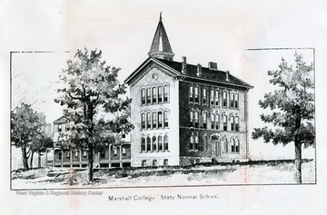 An ink engraving of Marshall College State Normal School in Huntington, West Virginia.