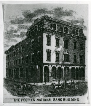 '1883 cut of the Peoples National Bank Building.  Notice the corner entrance in the "horse and buggy" days.'