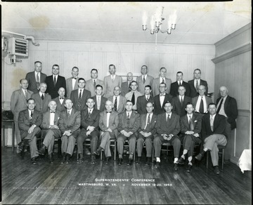 Thirty-two men gathered in a group portrait for a Superintendents' Conference in Martinsburg, W. Va.