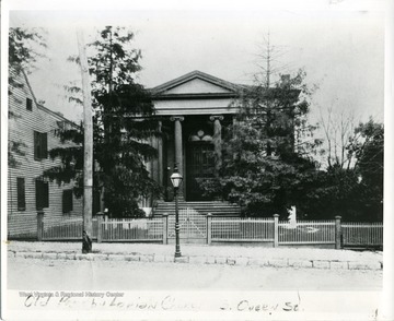 The front of the Old Presbyterian Church on S. Queen Street in Martinsburg, West Virginia.