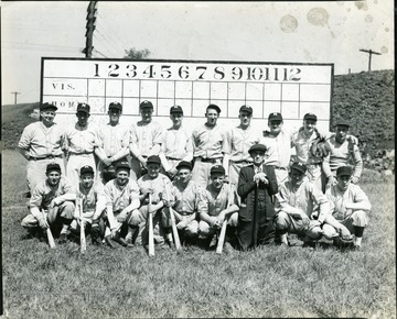 Group photo of a baseball team in front of a scoreboard, Martinsburg, W. Va.