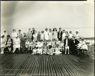 Group portrait of men, women, and children during a roof top picnic on the city hospital, Martinsburg, W. Va.