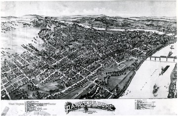 Drawing of the city of Parkersburg with labels on streets and buildings.