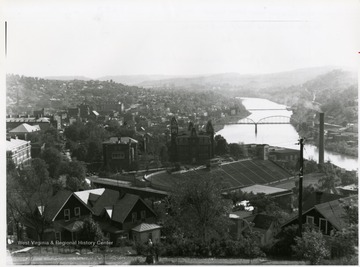 A view of the river and West Virginia University's main campus from Lorentz Avenue. The Morgantown/Westover Bridge is in the distance.