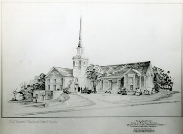 Skethc of the perspective Church and Sunday School, Drummond Chapel Methodist Church, Morgantown, W. Va done by Giffin and Keemer, registered architects, Fairmont, W. Va.