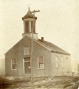 'First Baptist Church on Fayette Street on Baptist Society lot running from Chestnut Street to University Avenue. Church building completed in 1842, used by church until ca. 1892 when lot was sold and services were held in old Academy Hall while the High Street Church was being built.'