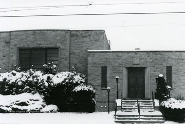 Tree of Life Synagogue located on South High Street located in Morgantown, W. Va. Snow on ground and on bushes. 