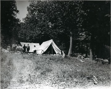 A group of people stand outside of their two tents.