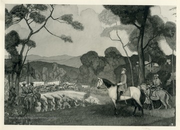 A mural at the Greenbrier Cottages, depicting General Lee mounted on Traveller, observing the movement of his army.