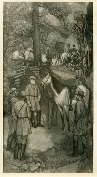A mural at the Greenbrier Cottages in White Sulphur Springs, West Virginia depicting General Lee talking to his officers at a campsite. An officer is partially hiding behind General Lee's horse.