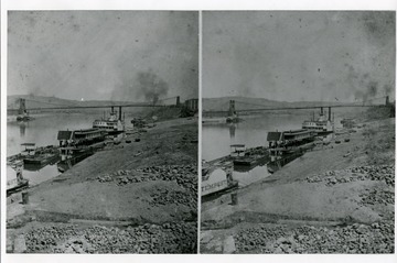 Two images of boats on the Ohio River along the wharf near Wheeling.  Suspension bridge visible in the background.