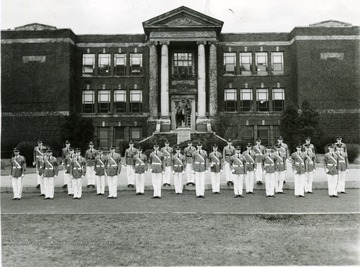 Cadets in uniform in formation in front of Old Main at the Linsly Institute in Wheeling, W. Va. 