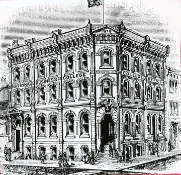 Drawing of the building that housed the Wheeling National Business College and the College Office. 