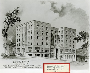 Drawing of the Wheeling Hospital School of Nursing.  Architect L. D. Schmidt, Fairmont, W. Va.  Rev. Michael McInerney, O.S.B,  Architect Associate, Belmont, N. C. 