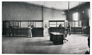 Elliott Commerical Schools - Interior View -Wheeling, Charleston, and Fairmont see p. 131.) Counters include College Bank, Commercial Exchange, and Merchant's Emporium.