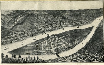 'From a sketch made on the hills of the Ohio side of the river. The oval, which appears in the foreground of the island, represents the Northwestern Virginia Fair Association and was known as Camp Carlile during the war.'
