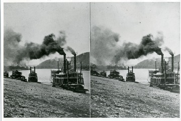 Two similar photographs side by side of a wharf and departing steamer in Wheeling, West Virginia.