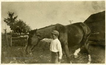 'James Henry Krepps and 'Dude' the family horse, at farm of James L. Krepps, 'The Flatts', Morgantown, W. Va. Now Suncrest Park.'