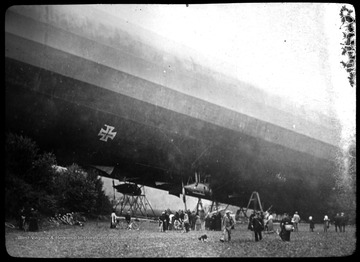World War I Lantern Slide Show. Slide No. 47 in group of originally numbered slides.  Zeppelin airship.  Frame is labelled with text saying 'Visual Bureau, University of Pittsburgh.'  (negative no. 47-5777 is inscribed on slide)<br />