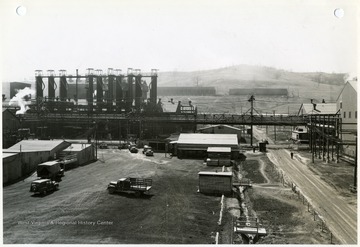 'U.S. Engineer Office, Corp of Engineers, U. S. Army, Pittsburgh, PA; Morgantown Ordnance Works, Morgantown, W. Va., Factory Building - Looking Southwest, E. I. Du Pont De Nemours and Company - Contract W Ord-490 - Contract Date 11-28-40. Military Funds. April 23, 1943, No. 20731.'