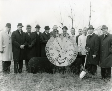 Group portrait of men at the groundbreaking for the new Elks Lodge located on Chestnut Ridge Road in Morgantown, West Virginia. 