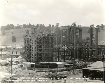 'Photograph No. 142; Morgantown Ordnance Works, Morgantown, West Virginia, 1:00 P.M. July 07, 1941. Looking Southwest at Aeration Towers and Factory Building From Tower Number 4.'