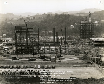 'Morgantown Ordnance Works, Morgantown, West Virginia, 3:00 P.M. May 15, 1941. Looking East at Electrical Substation, Factory Building, and Boiler House From Tower Number 1. Photograph No. 129.'