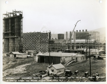 '2:00 P.M. Dec. 30, 1941.  Looking Southwest at aeration towers and factory building from Tower No. 4.'