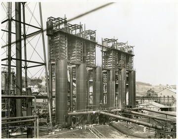 Building 127 and Aeration Towers, Building 161, Looking Northwest. From Volume One of Morgantown Ordnance Plant Pictures at Morgantown, W. Va. Constructed and Operated by the Ammonia Department, E. I. Dupont De Nemours and Company.