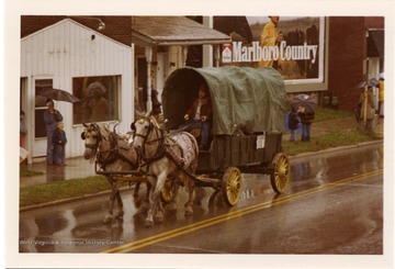 Two horses are pulling a covered wagon during the Monongalia County Bicentennial Parade in Morgantown, West Virginia.