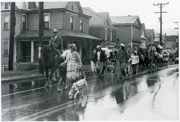 People are riding horses next to people walking their dogs down the road.