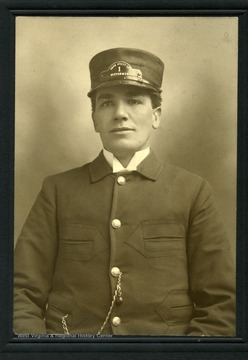 A portrait of an unidentified motorman that worked for Union Utilities Company (Trolley Line) in Morgantown, West Virginia.