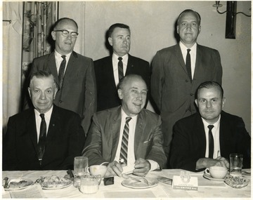 Front row, right to left: Harold J. Shamberger, Mayor Buehler, unknown.  Back row, right to left: Robert Shurman, Dr. Leonard Davis, unknown.