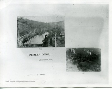 Two views of Deckers Creek, Morgantown, West Virginia. The picture in the upper left hand corner was taken in 1900, and the view in the bottom left was taken in 1907.