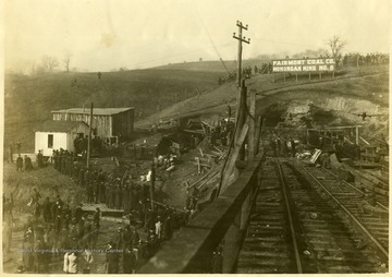 Crowds gathered at the entrance to Mine No. 8 after the explosion at Monongah. Note: image is taken from the original print donated to the West Virginia Collection.
