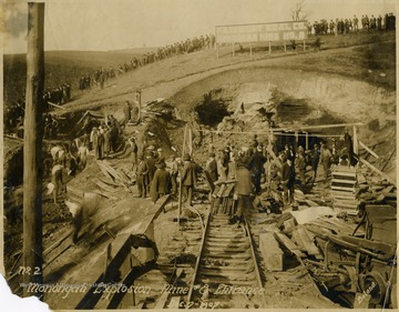 Crowds line the hillside above and gather near the entrance to mine No. 8 after the disaster. Note: image is taken from the original print donated to the West Virginia Collection.