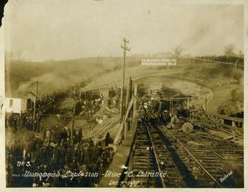 Crowds line the hillside above and gather near the entrance to mine no. 8 after the disaster. Note: image is taken from the original print donated to the West Virginia Collection.