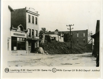 Looking South West onto Garrett Street with corner of Baltimore and Ohio Depot visisble.