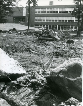 A bulldozer working on the grounds of St. Francis School on Patteson Drive in Morgantown, West Virginia.