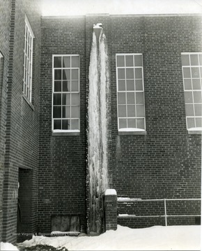 A close-up view of icicles frozen on a corner of the Morgantown High School building on Edgewood, in Morgantown, West Virginia.
