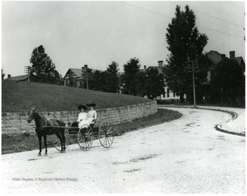 Two women in a horse and buggy travel on Willey Street.
