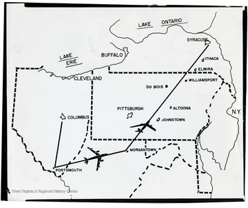 An air route from Portsmouth, Ohio to Syracuse, New York is shown on this map from the Morgantown Airport in Morgantown, West Virginia.  Possibly new Lake Central air route from 1962.