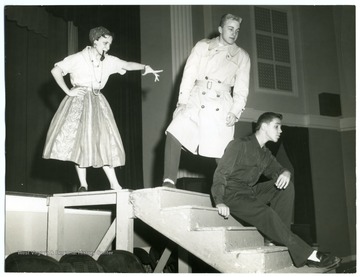 View (left to Right)of Eloise Feola, Arne Lindquist, and Jim Roberts practicing lines for Wilder's 'By The Skin of Our Teeth' at Morgantown High School Morgantown, W. Va.